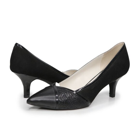 Anne Klein FLICKA Faux Suede & Leather Point Toe Pumps Office Heels Snake Black - Picture 1 of 9